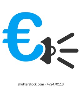 Euro Ads Megaphone icon. Vector style is bicolor flat iconic symbol with rounded angles, blue and gray colors, white background.
