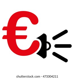 Euro Ads Megaphone icon. Vector style is bicolor flat iconic symbol with rounded angles, intensive red and black colors, white background.