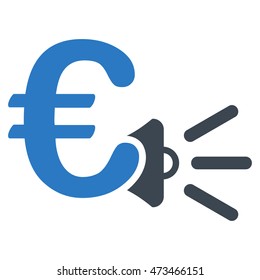 Euro Ads Megaphone icon. Vector style is bicolor flat iconic symbol with rounded angles, smooth blue colors, white background.