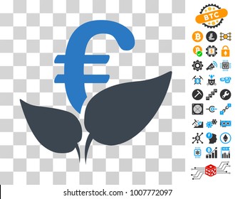 Euro Agriculture Startup icon with bonus bitcoin mining and blockchain design elements. Vector illustration style is flat iconic symbols. Designed for crypto currency software.