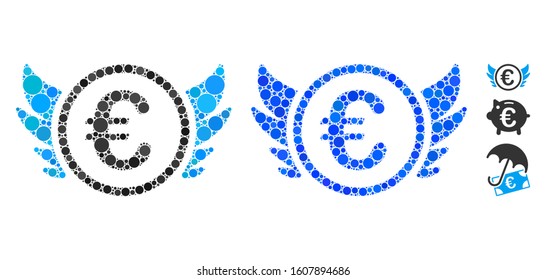 Euro angel investment composition of filled circles in different sizes and color tones, based on Euro angel investment icon. Vector small circles are combined into blue composition.