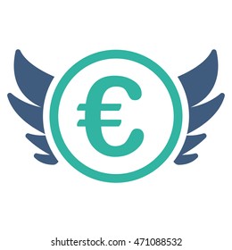 Euro Angel Investment icon. Vector style is bicolor flat iconic symbol with rounded angles, cobalt and cyan colors, white background.