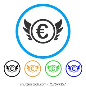 Euro Angel Investment icon. Vector illustration style is a flat iconic euro angel investment gray rounded symbol inside light blue circle with black, green, blue, yellow color versions.