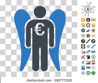 Euro Angel Investor pictograph with bonus bitcoin mining and blockchain symbols. Vector illustration style is flat iconic symbols. Designed for blockchain websites.