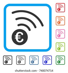 Euro Announce icon. Flat grey pictogram symbol in a light blue rounded rectangular frame. Black, gray, green, blue, red, orange color additional versions of Euro Announce vector.