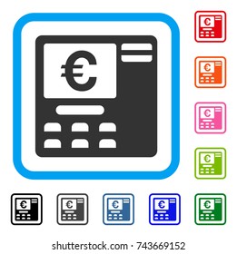 Euro ATM icon. Flat gray iconic symbol inside a blue rounded squared frame. Black, gray, green, blue, red, orange color versions of Euro ATM vector. Designed for web and software user interface.