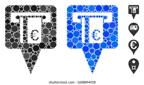 Euro ATM pointer mosaic of small circles in various sizes and color tints, based on Euro ATM pointer icon. Vector filled circles are grouped into blue mosaic.