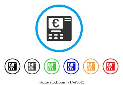 Euro ATM rounded icon. Style is a flat euro ATM gray symbol inside light blue circle with black, gray, green, blue, red, orange color versions. Vector designed for web and software interfaces.