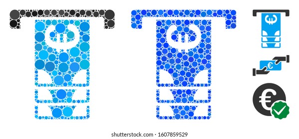 Euro ATM withdraw composition of round dots in various sizes and color tints, based on Euro ATM withdraw icon. Vector dots are combined into blue mosaic.