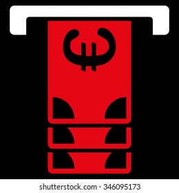 Euro Atm Withdraw vector icon. Style is bicolor flat symbol, red and white colors, rounded angles, black background.