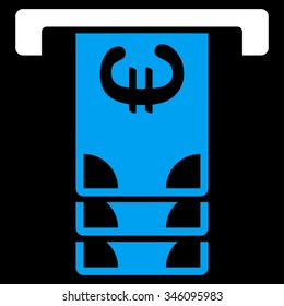 Euro Atm Withdraw vector icon. Style is bicolor flat symbol, blue and white colors, rounded angles, black background.