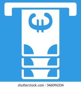 Euro Atm Withdraw vector icon. Style is flat symbol, white color, rounded angles, blue background.