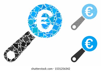 Euro audit mosaic of unequal elements in various sizes and color hues, based on Euro audit icon. Vector unequal pieces are organized into composition. Euro audit icons collage with dotted pattern.