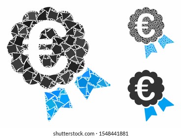 Euro award mosaic of tuberous elements in different sizes and shades, based on Euro award icon. Vector abrupt parts are united into collage. Euro award icons collage with dotted pattern.