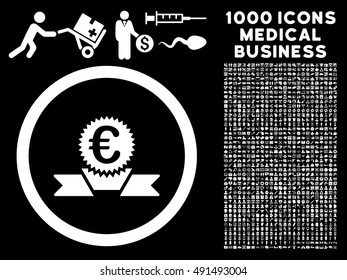 Euro Award Ribbon icon with 1000 medical commerce white vector design elements. Collection style is flat symbols, black background.
