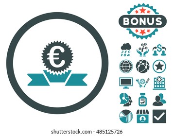 Euro Award Ribbon icon with bonus elements. Vector illustration style is flat iconic bicolor symbols, soft blue colors, white background.