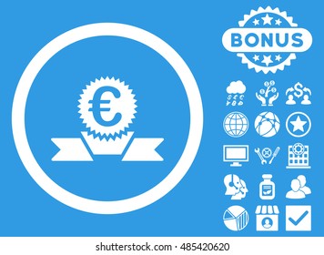 Euro Award Ribbon icon with bonus elements. Vector illustration style is flat iconic symbols, white color, blue background.
