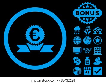 Euro Award Ribbon icon with bonus elements. Vector illustration style is flat iconic symbols, blue color, black background.