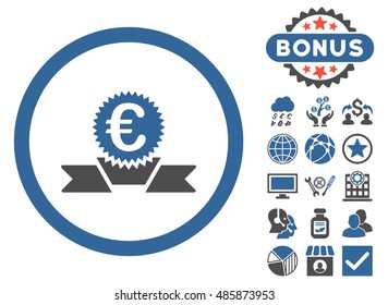 Euro Award Ribbon icon with bonus pictures. Vector illustration style is flat iconic bicolor symbols, cobalt and gray colors, white background.