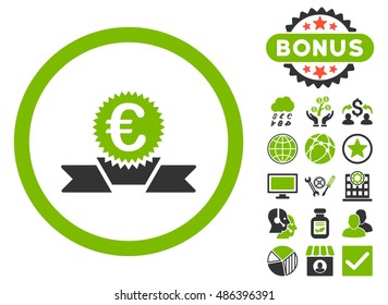 Euro Award Ribbon icon with bonus pictures. Vector illustration style is flat iconic bicolor symbols, eco green and gray colors, white background.