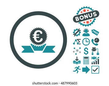Euro Award Ribbon pictograph with bonus icon set. Vector illustration style is flat iconic bicolor symbols, soft blue colors, white background.