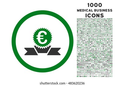 Euro Award Ribbon rounded vector bicolor icon with 1000 medical business icons. Set style is flat pictograms, green and gray colors, white background.