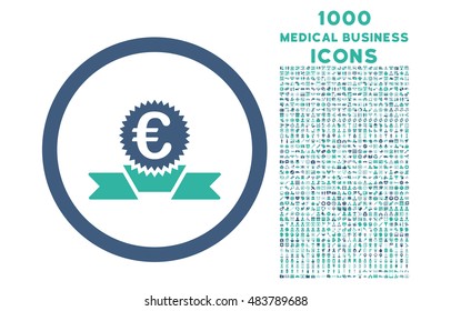 Euro Award Ribbon rounded vector bicolor icon with 1000 medical business icons. Set style is flat pictograms, cobalt and cyan colors, white background.