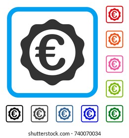 Euro Award Seal icon. Flat grey pictogram symbol in a light blue rounded rectangular frame. Black, gray, green, blue, red, orange color versions of Euro Award Seal vector. Designed for web and app UI.