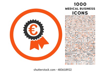 Euro Award Seal rounded vector bicolor icon with 1000 medical business icons. Set style is flat pictograms, orange and gray colors, white background.