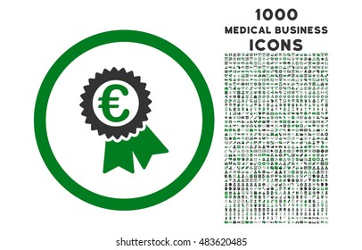 Euro Award Seal rounded vector bicolor icon with 1000 medical business icons. Set style is flat pictograms, green and gray colors, white background.