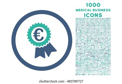 Euro Award Seal rounded vector bicolor icon with 1000 medical business icons. Set style is flat pictograms, cobalt and cyan colors, white background.