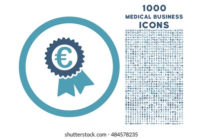 Euro Award Seal rounded vector bicolor icon with 1000 medical business icons. Set style is flat pictograms, cyan and blue colors, white background.