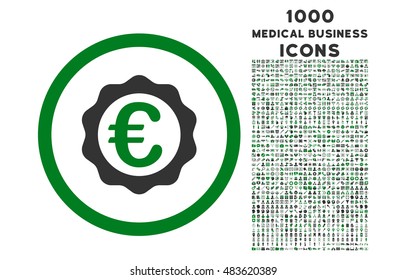 Euro Award Stamp rounded vector bicolor icon with 1000 medical business icons. Set style is flat pictograms, green and gray colors, white background.