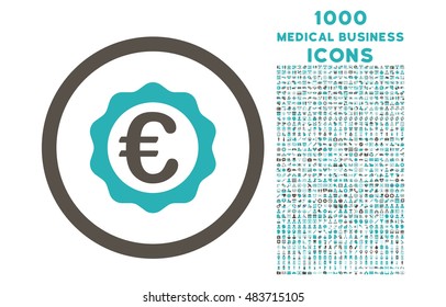 Euro Award Stamp rounded vector bicolor icon with 1000 medical business icons. Set style is flat pictograms, grey and cyan colors, white background.