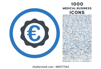 Euro Award Stamp rounded vector bicolor icon with 1000 medical business icons. Set style is flat pictograms, smooth blue colors, white background.