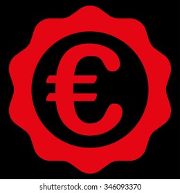 Euro Award Stamp vector icon. Style is flat symbol, red color, rounded angles, black background.