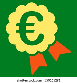 Euro Award vector icon. Style is bicolor flat symbol, orange and yellow colors, rounded angles, green background.