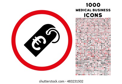 Euro Badge rounded vector bicolor icon with 1000 medical business icons. Set style is flat pictograms, intensive red and black colors, white background.