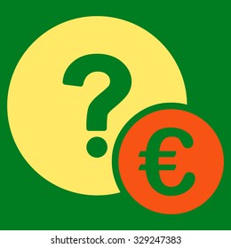 Euro Balance Query vector icon. Style is bicolor flat symbol, orange and yellow colors, rounded angles, green background.