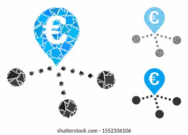 Euro bank branches composition of tuberous elements in variable sizes and color tones, based on euro bank branches icon. Vector abrupt elements are grouped into composition.