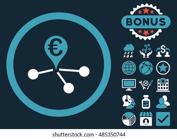 Euro Bank Branches icon with bonus pictogram. Vector illustration style is flat iconic bicolor symbols, blue and white colors, dark blue background.