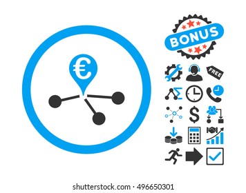 Euro Bank Branches icon with bonus pictogram. Vector illustration style is flat iconic bicolor symbols, blue and gray colors, white background.