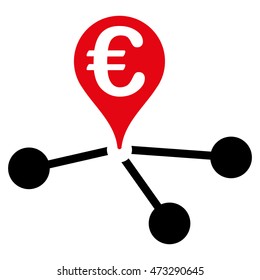 Euro Bank Branches icon. Vector style is bicolor flat iconic symbol, intensive red and black colors, white background.
