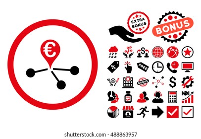Euro Bank Branches pictograph with bonus clip art. Vector illustration style is flat iconic bicolor symbols, intensive red and black colors, white background.