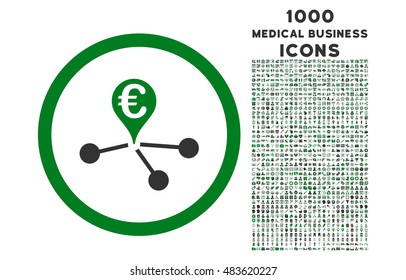 Euro Bank Branches rounded vector bicolor icon with 1000 medical business icons. Set style is flat pictograms, green and gray colors, white background.