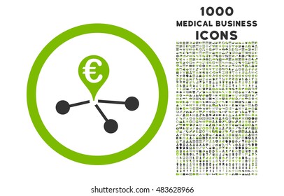 Euro Bank Branches rounded vector bicolor icon with 1000 medical business icons. Set style is flat pictograms, eco green and gray colors, white background.