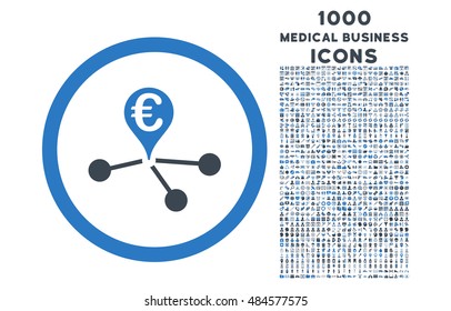 Euro Bank Branches rounded vector bicolor icon with 1000 medical business icons. Set style is flat pictograms, smooth blue colors, white background.
