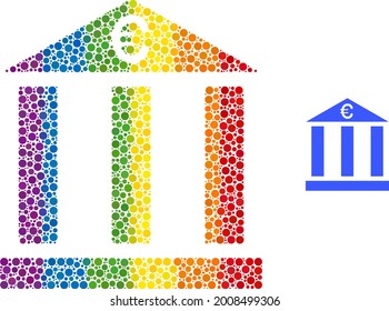 Euro bank building composition icon of round dots in different sizes and rainbow bright color tones. A dotted LGBT-colored euro bank building for lesbians, gays, bisexuals, and transgenders.