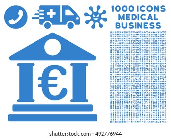 Euro Bank Building icon with 1000 medical business cobalt vector pictographs. Collection style is flat symbols, white background.