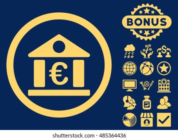 Euro Bank Building icon with bonus symbols. Vector illustration style is flat iconic symbols, yellow color, blue background.